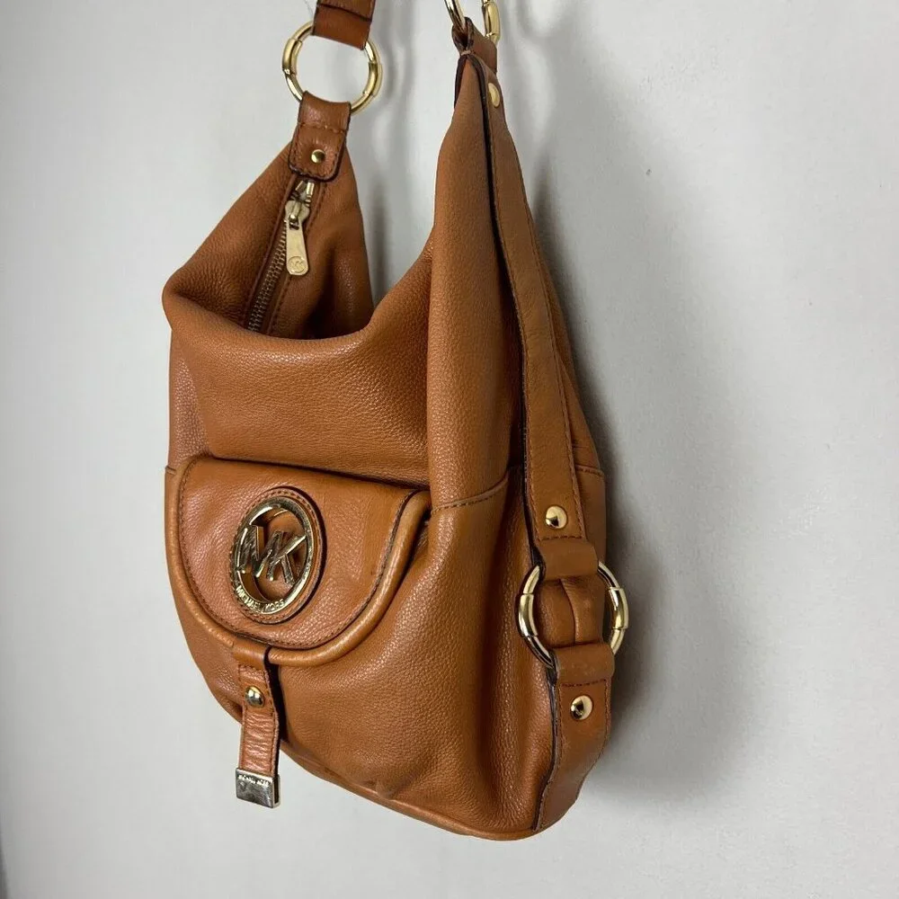 Michael Kors Leather Hobo Handbag Shoulder Bag Gold Plated Hardware Fulton Brown
